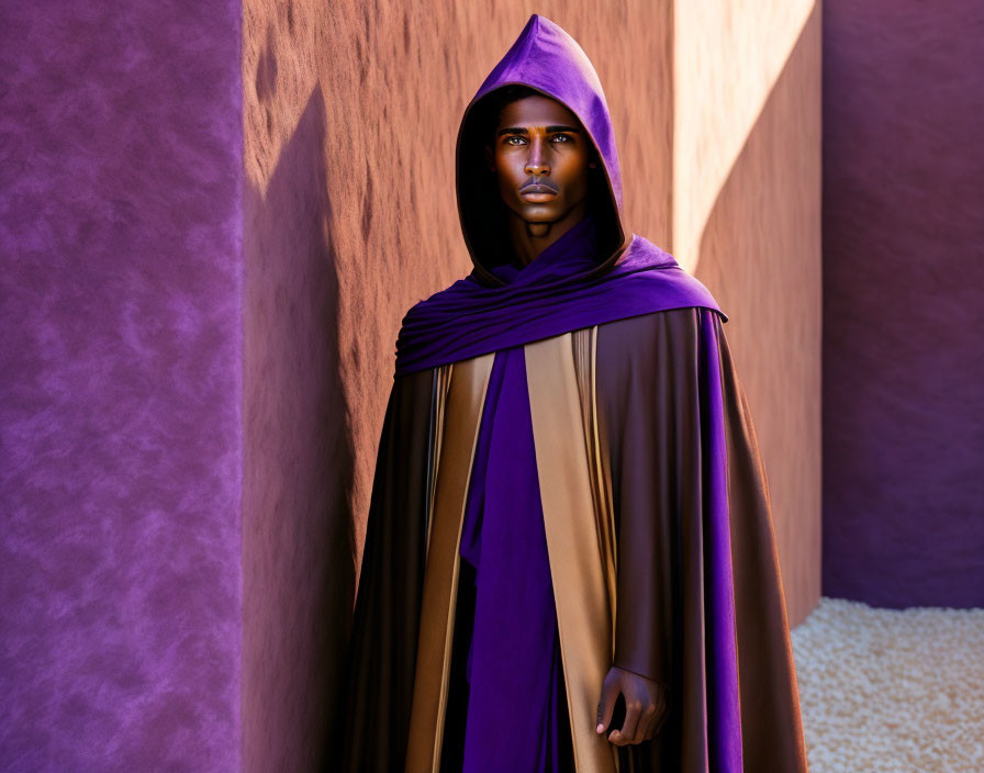 Person in purple hooded cloak against purple wall with intense gaze