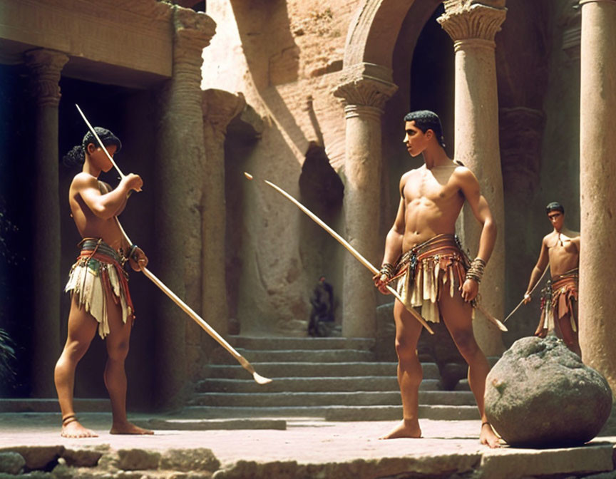 Ancient Egyptian individuals training with staffs among columns