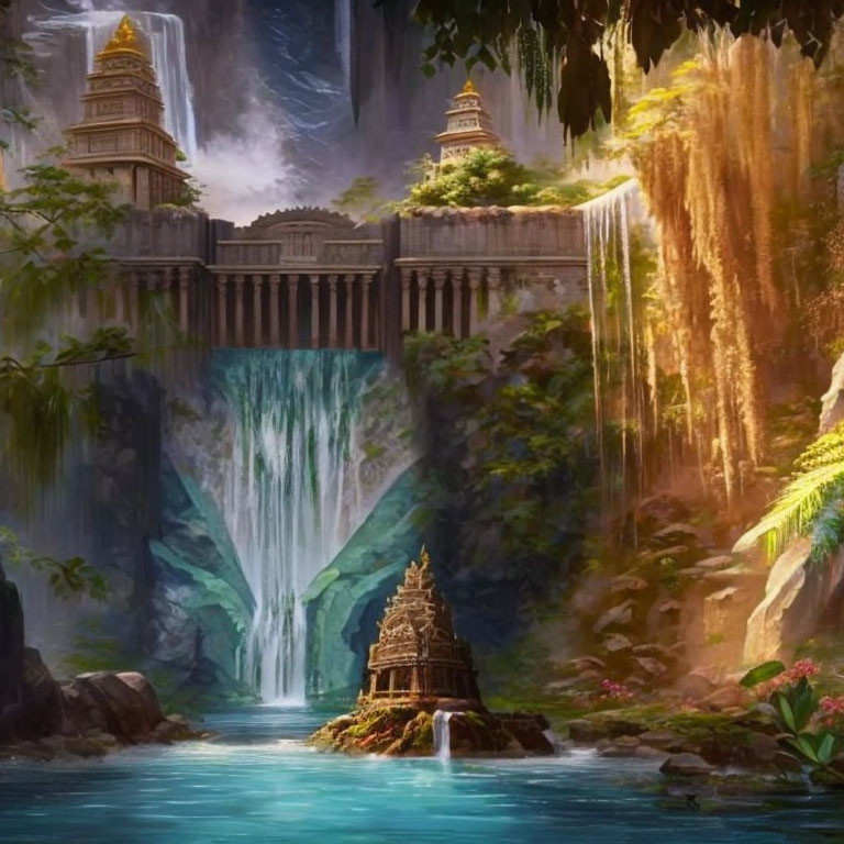 Ancient temples on waterfalls in a serene landscape