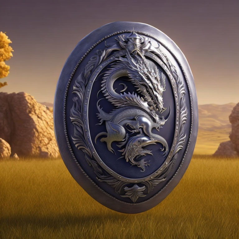 Metallic dragon emblem on shield in open field with golden light and trees