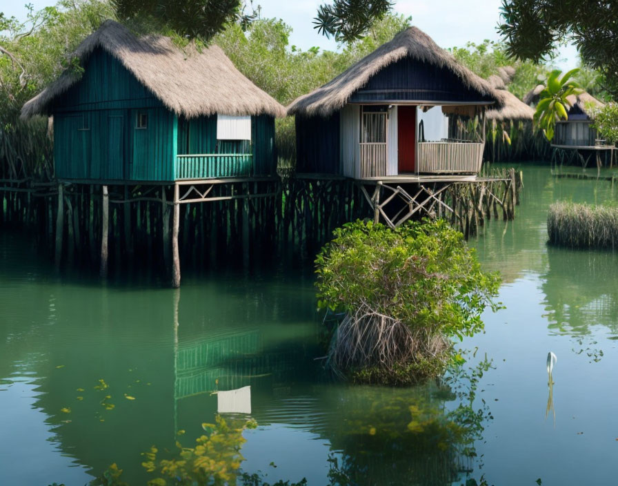 Tranquil Thatched-Roof Stilt Houses Over Water with Egret and Foliage