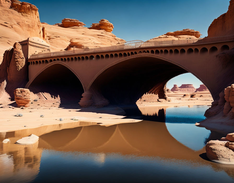 Tranquil river arch bridge in desert with red sandstone cliffs