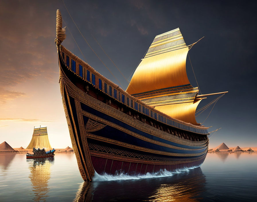 Ancient Egyptian ship sailing at sunset with pyramids in golden sky