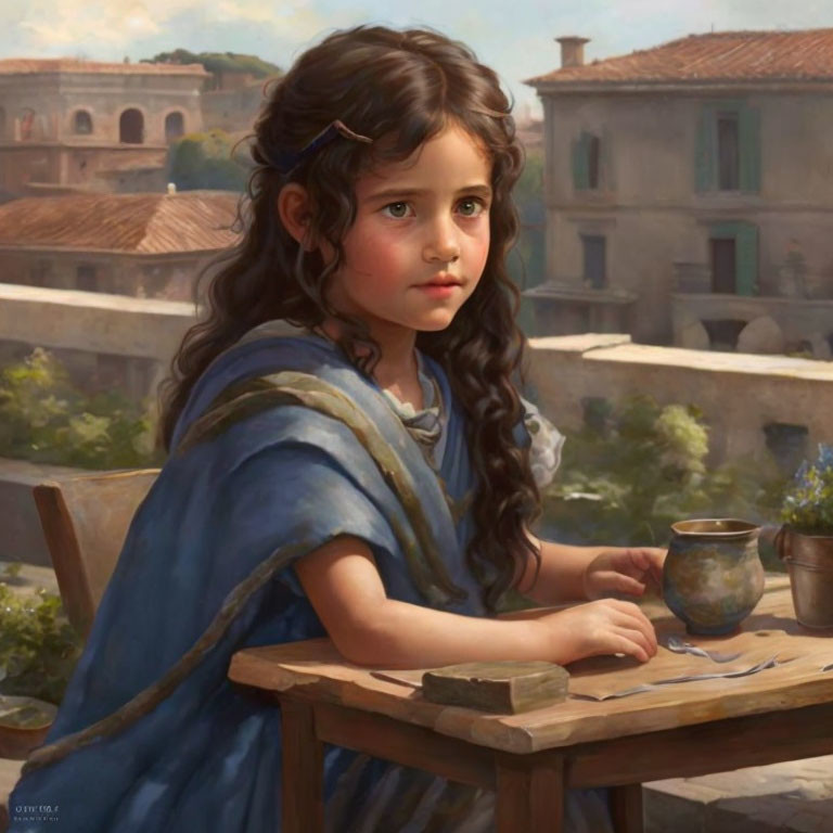 Young girl in historical attire at wooden table with cup and book, gazing at classical architecture