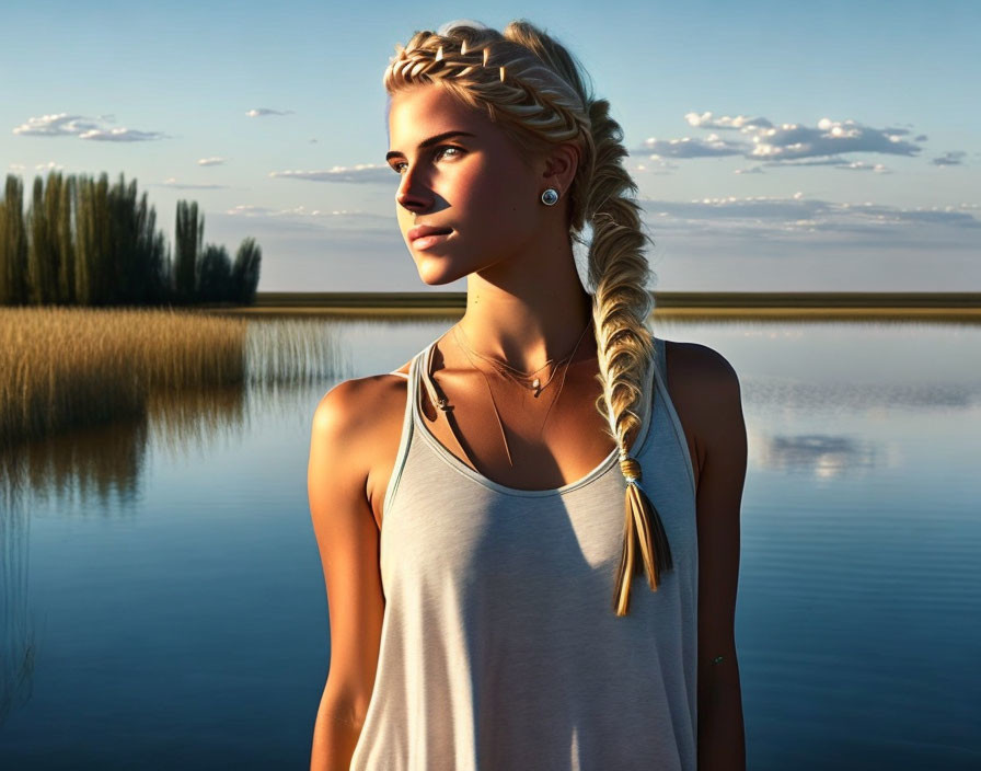 Woman with braided ponytail in white tank top by serene lake at sunset