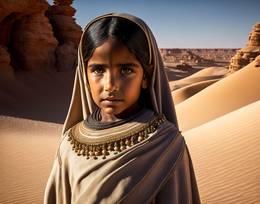 Dark-eyed girl in traditional attire in desert landscape