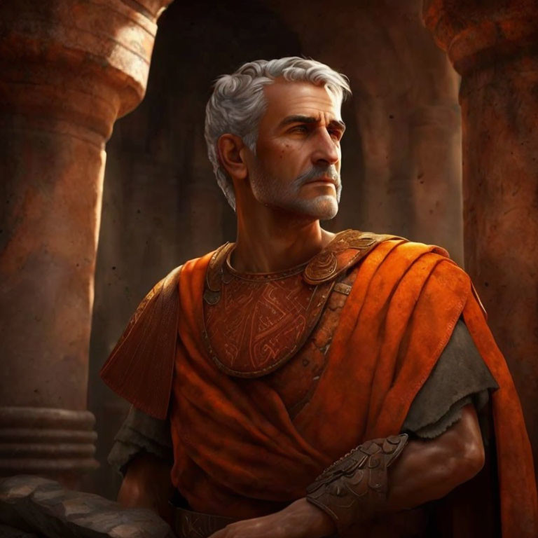 Aged man in Roman armor with grey hair and beard against stone backdrop