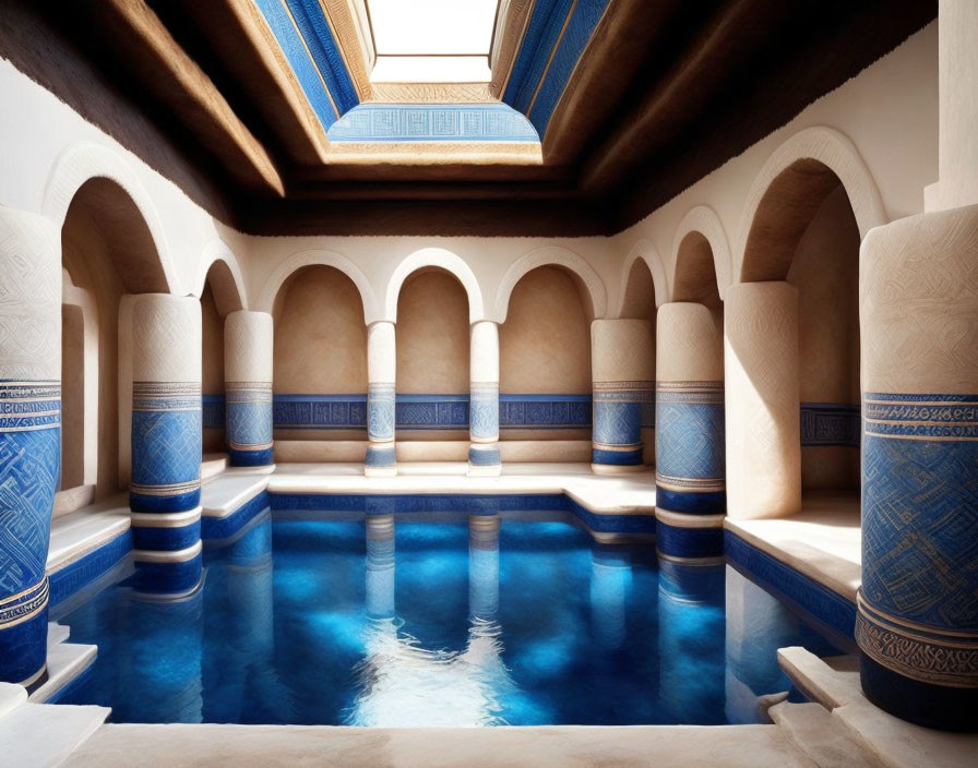 Luxurious Indoor Pool with Arches, Columns, and Blue Mosaic Design