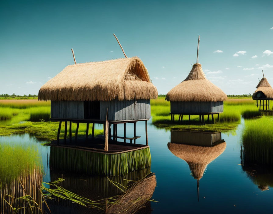 Traditional Thatched-Roof Huts on Stilts Reflecting in Calm Water