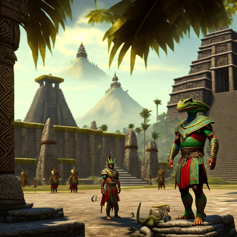 Anthropomorphic alligator in Aztec warrior attire in Mesoamerican city with pyramids and gathering