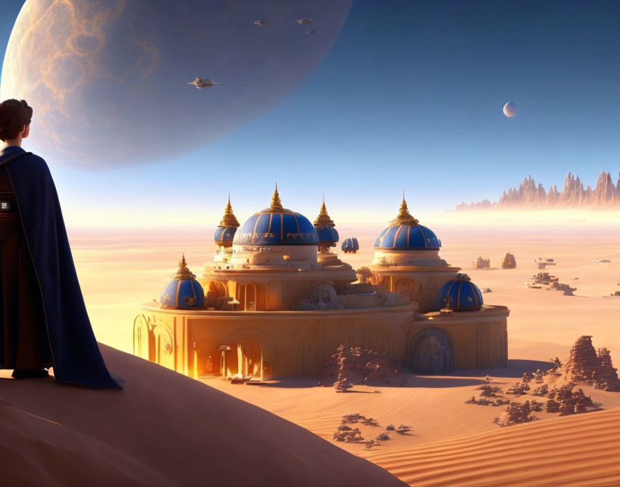 Cloaked figure in futuristic desert city with dome structures and celestial bodies