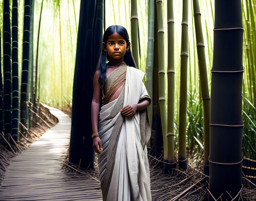 Young girl in traditional attire surrounded by towering bamboo stalks