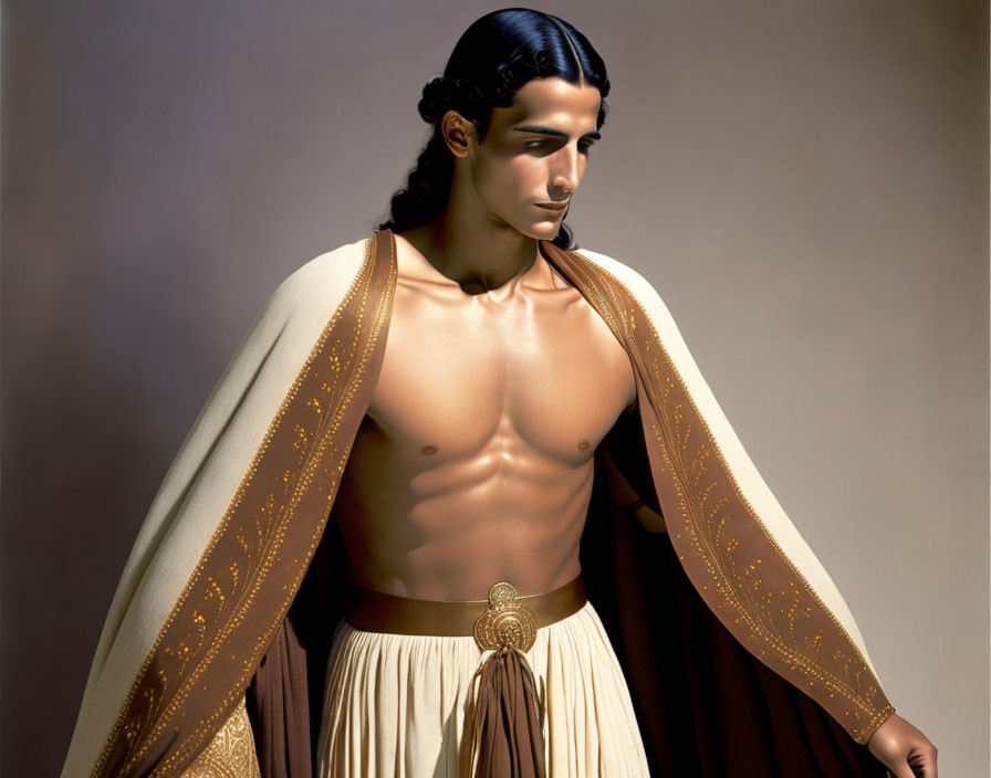 Ancient Greek man in traditional attire and symbolic accessories