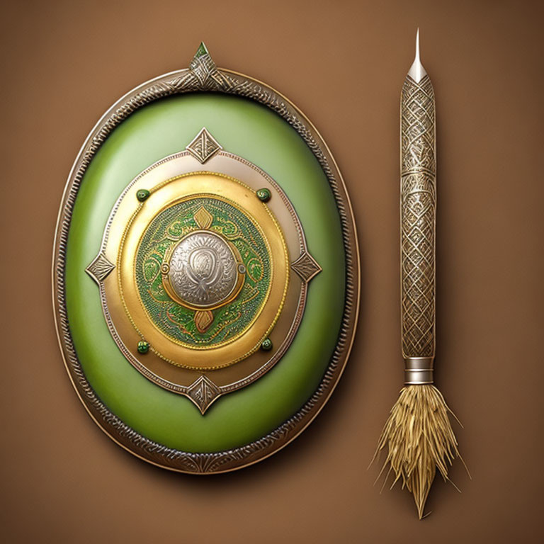 Green and Gold Shield with Silver Center and Decorative Spear