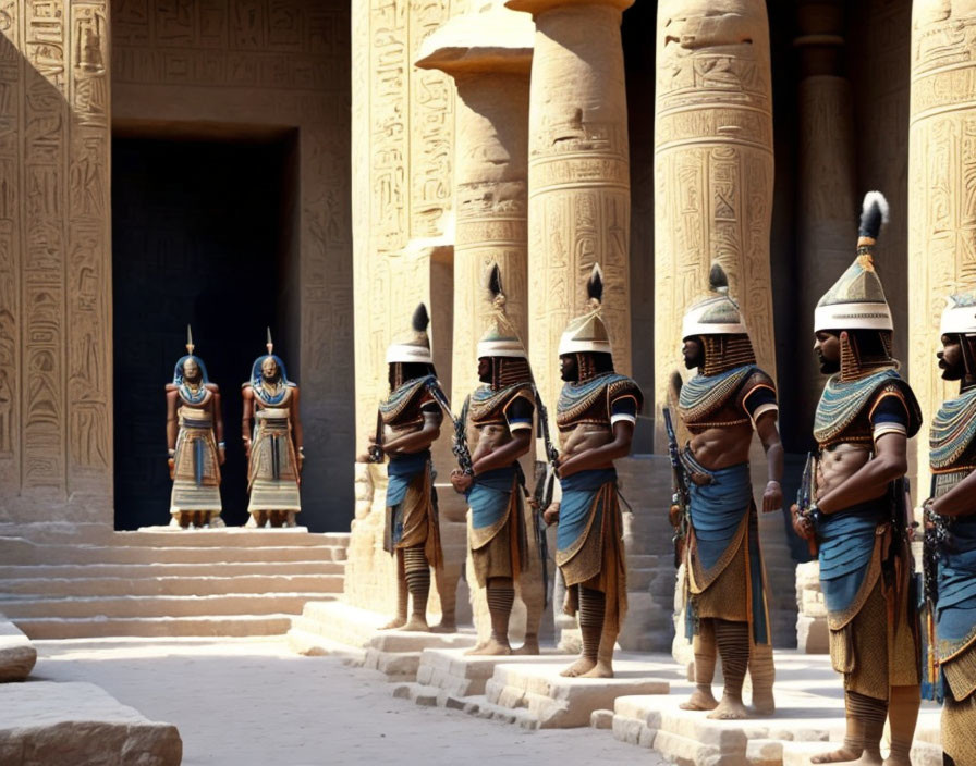 Ancient Egyptian soldier costumes at historic temple.