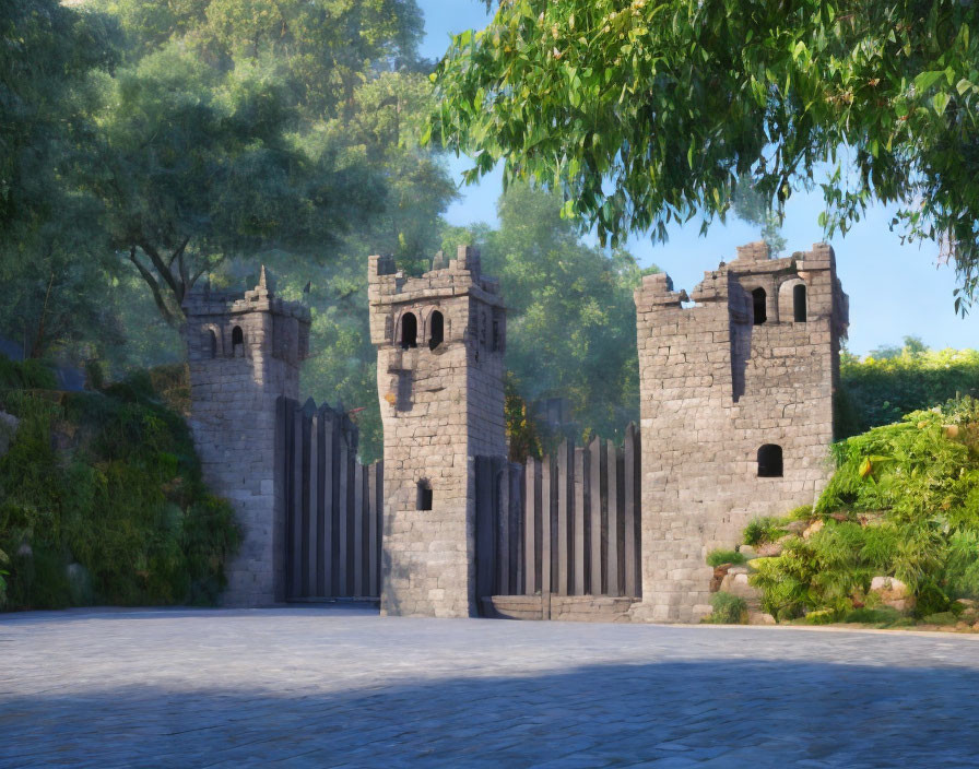 Illustration of medieval stone castle gate with twin towers and cobblestone path in lush greenery