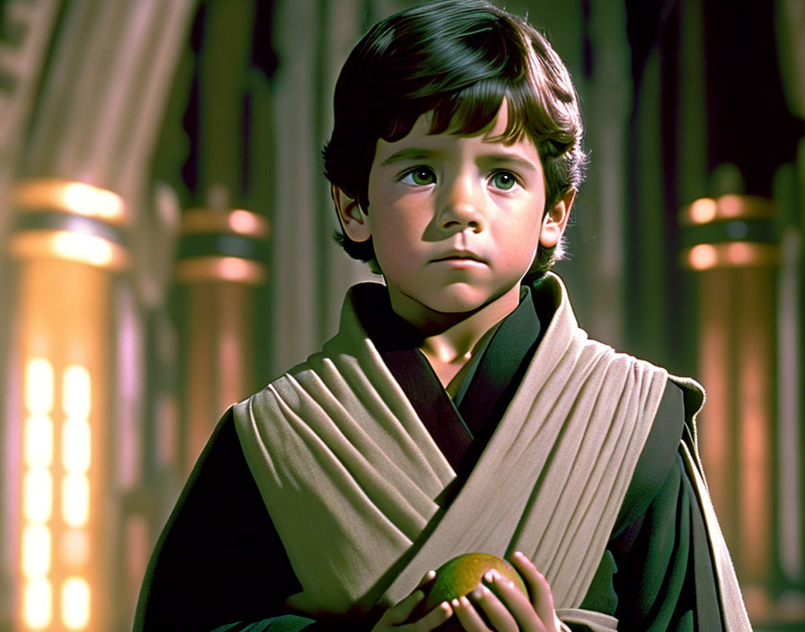 Young boy in beige robe standing in hall with tall windows exudes contemplative aura