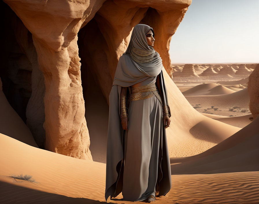 Person in traditional desert attire by rock formation overlooking sand dunes