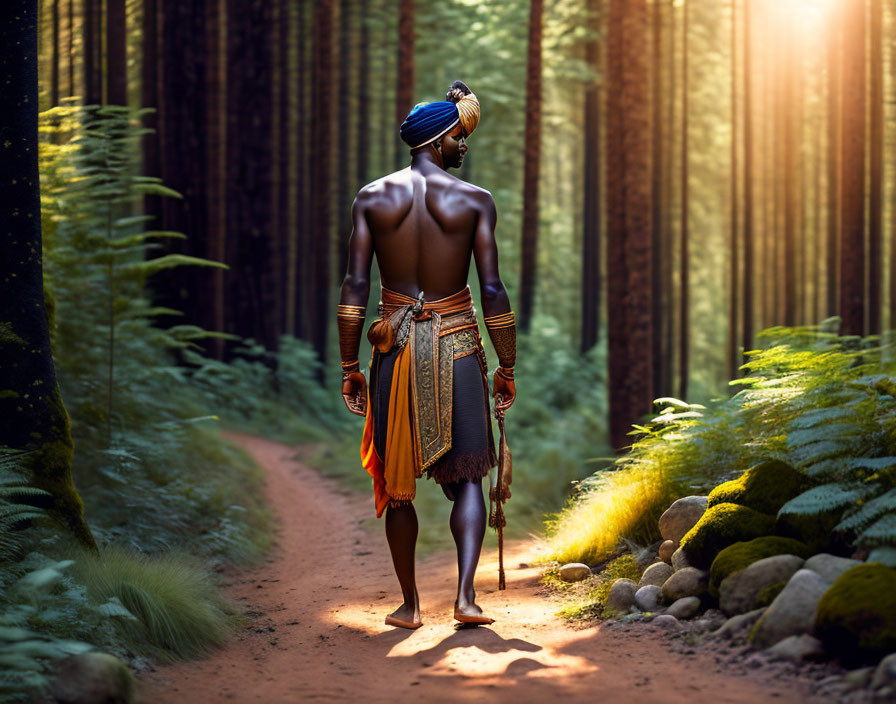 Person in Blue Turban and Skirt on Forest Path among Tall Trees