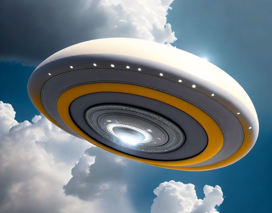 Digital Artwork: UFO with Rings and Lights in Blue Sky