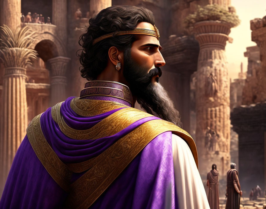 Bearded regal figure in golden headband and purple cloak overlooking ancient stone structures