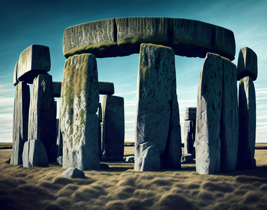 Ancient Stone Circle with Large Standing Stones and Lintels against Dramatic Sky