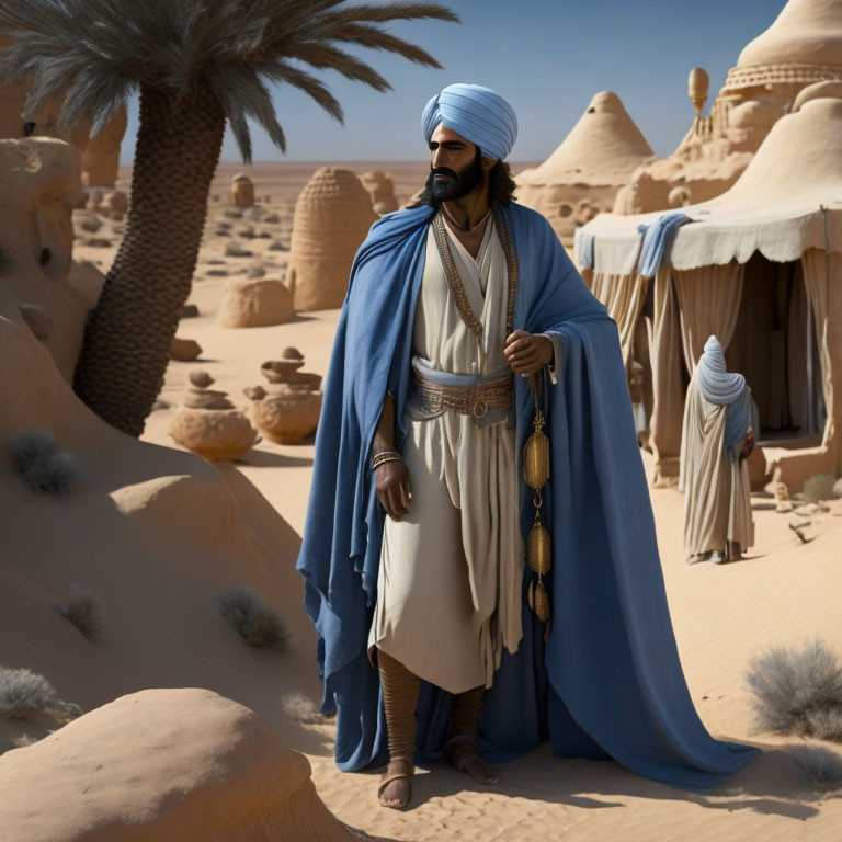 Traditional desert attire man amid sand dunes and ancient city buildings