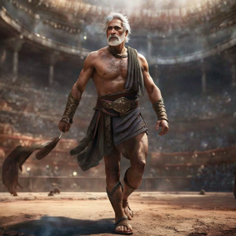 Elderly muscular gladiator in loin cloth and arm guards.