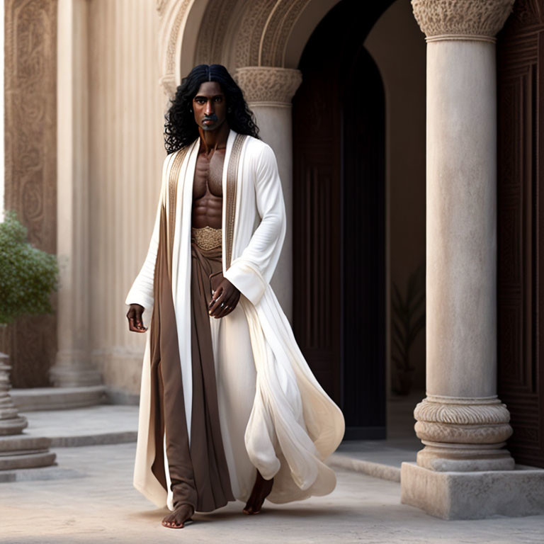 Long-Haired Person in White Robe in Elegant Arched Corridor