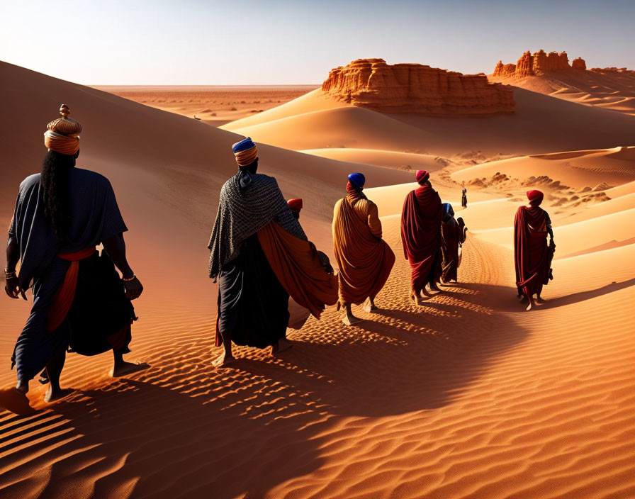 Traditional Garment-Wearing Group Walking in Desert Landscape