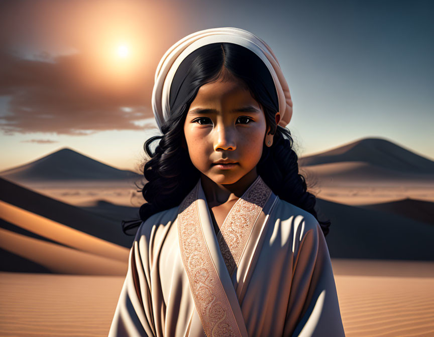 Young girl in traditional attire at desert dunes during sunset