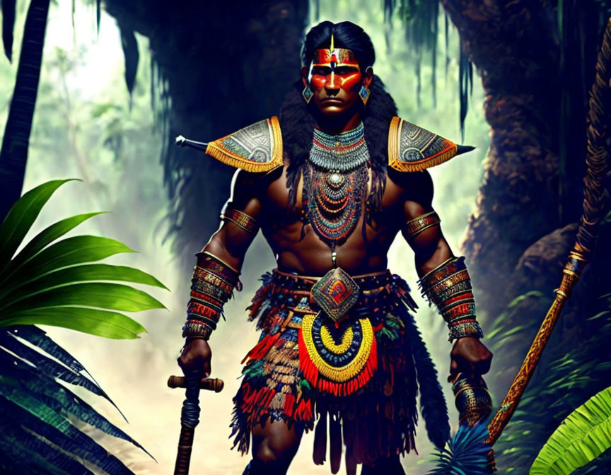 Tribal warrior in jungle with face paint and staff