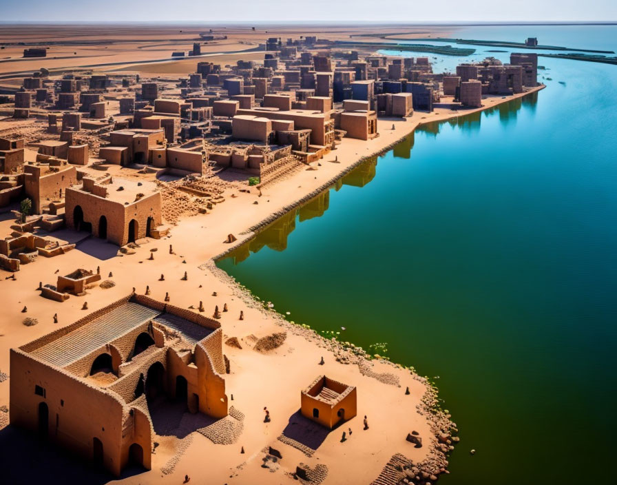 Ancient desert city with mud-brick architecture near water under blue sky