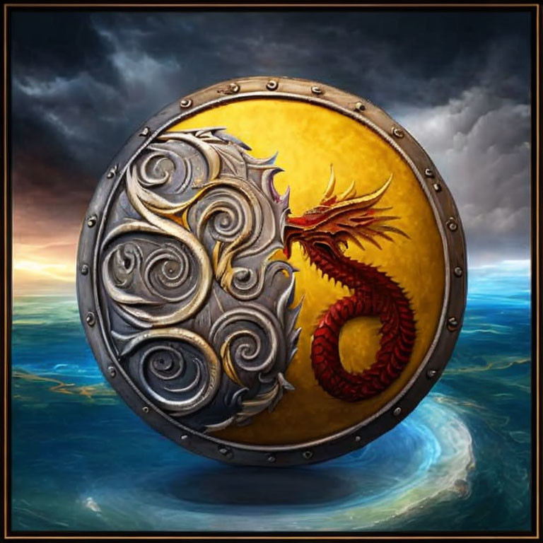 Red Dragon and Silver Swirls on Round Shield Against Stormy Sky and Ocean