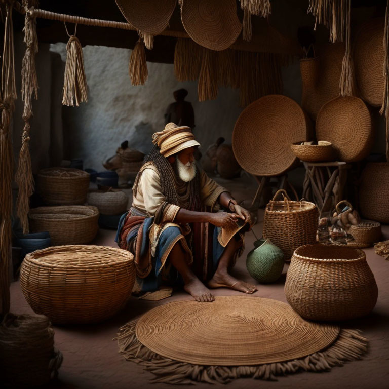 Skilled artisan weaving basket in rustic workshop