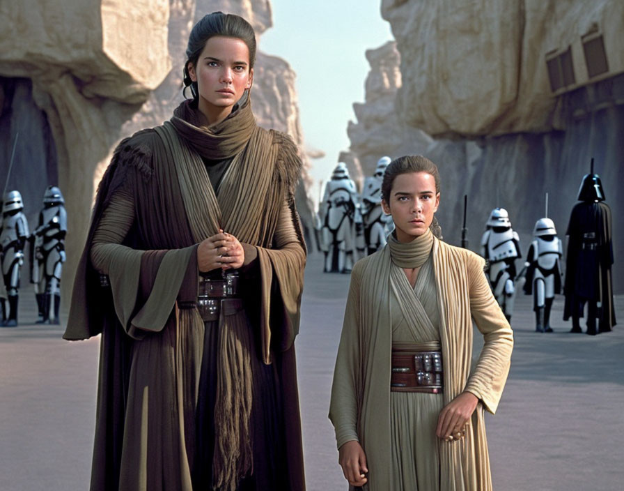 Confident individuals in draped robes with stormtroopers in desert backdrop