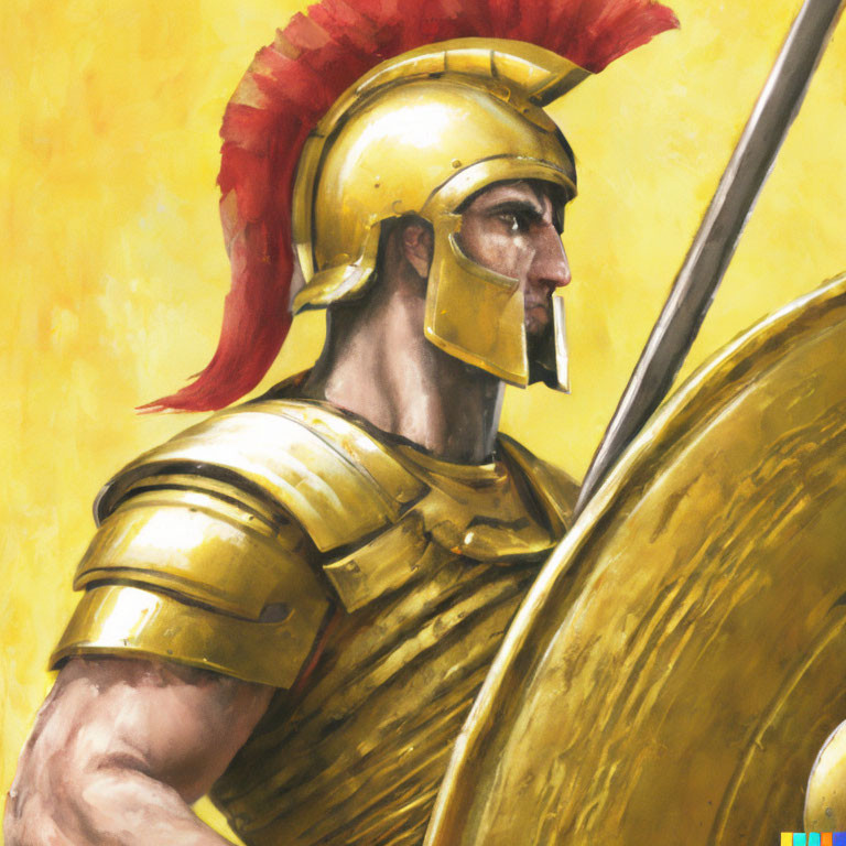 Ancient warrior in golden armor with spear and shield on yellow background