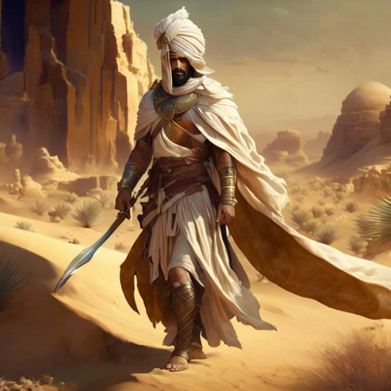 Traditional desert warrior in turban and armor with sword in sandy landscape.