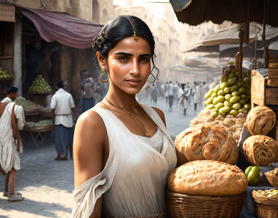 Woman in headpiece and earrings at busy market street with bread and fruit stalls