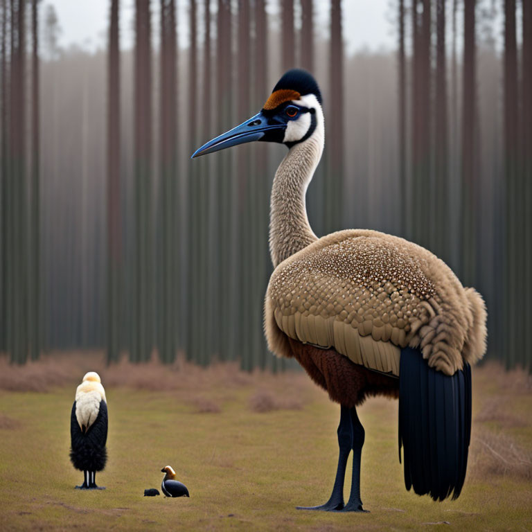 Brown Crane with Blue Head and White Crest Among Birds and Trees