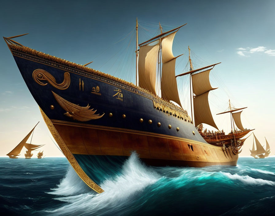 Ancient ship with golden detailing navigating turbulent seas