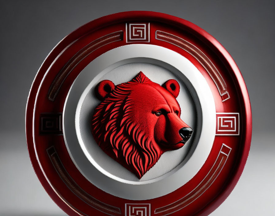 Red and black 3D bear head in concentric circles with metallic Greek key patterns