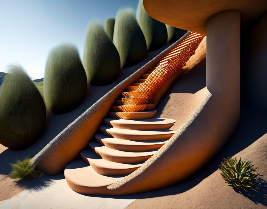 Surreal sandstone staircase with orange structure and green mounds