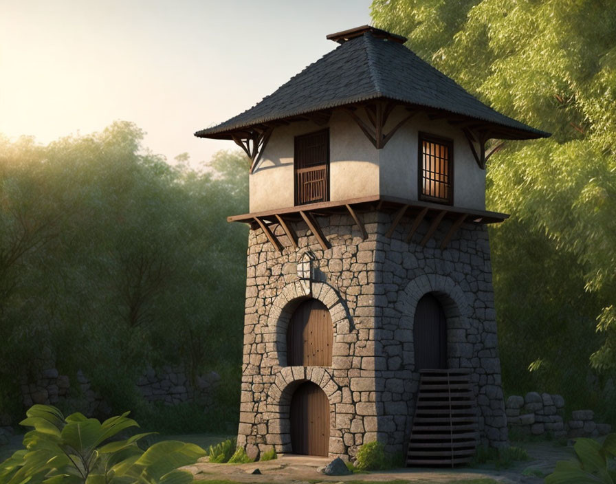 Stone tower with wooden upper level and thatched roof in serene green setting at twilight