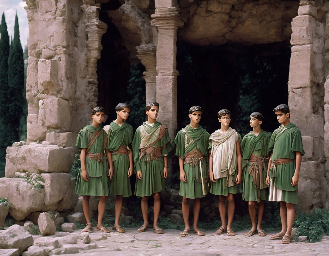 Group of seven individuals in Roman attire with tunics and cloaks against ancient stone pillars.