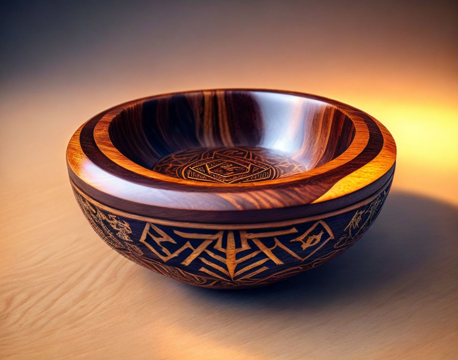 Carved Wooden Bowl with Celtic-Inspired Designs on Table