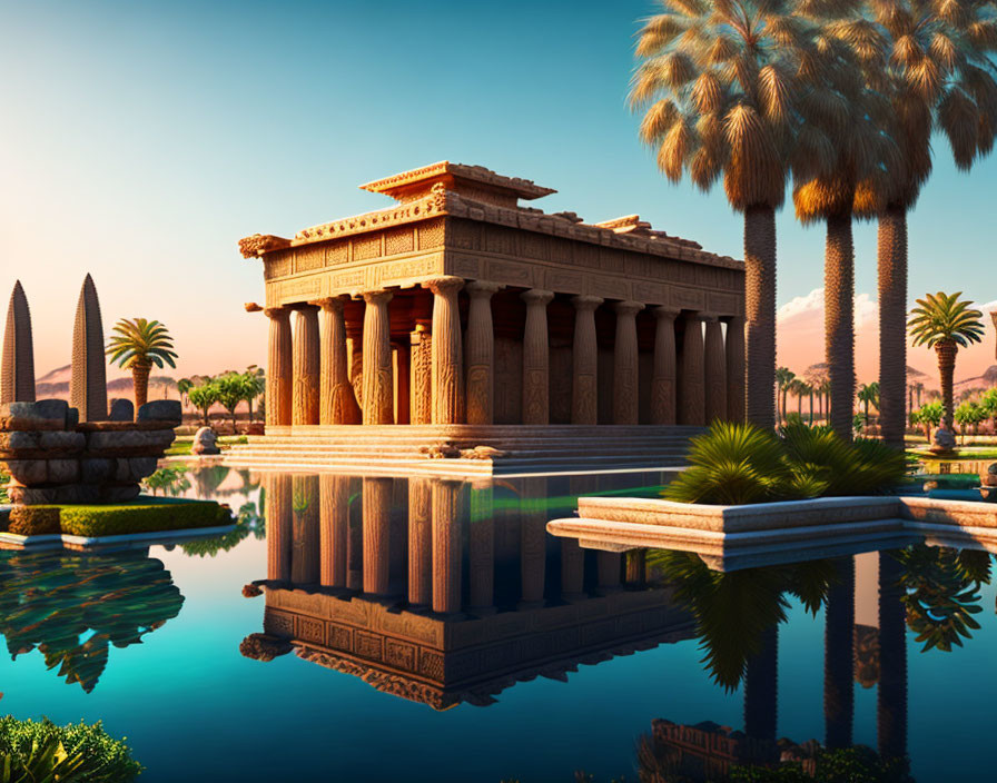 Digital artwork of ancient Egyptian temple at sunset