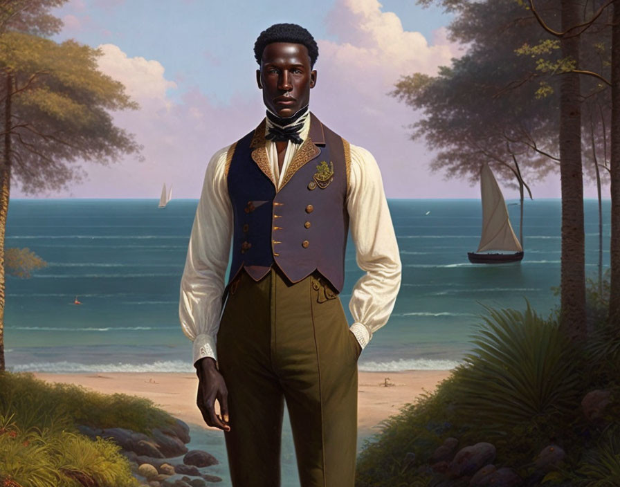 Historical clothing man portrait by the seaside with sailboats