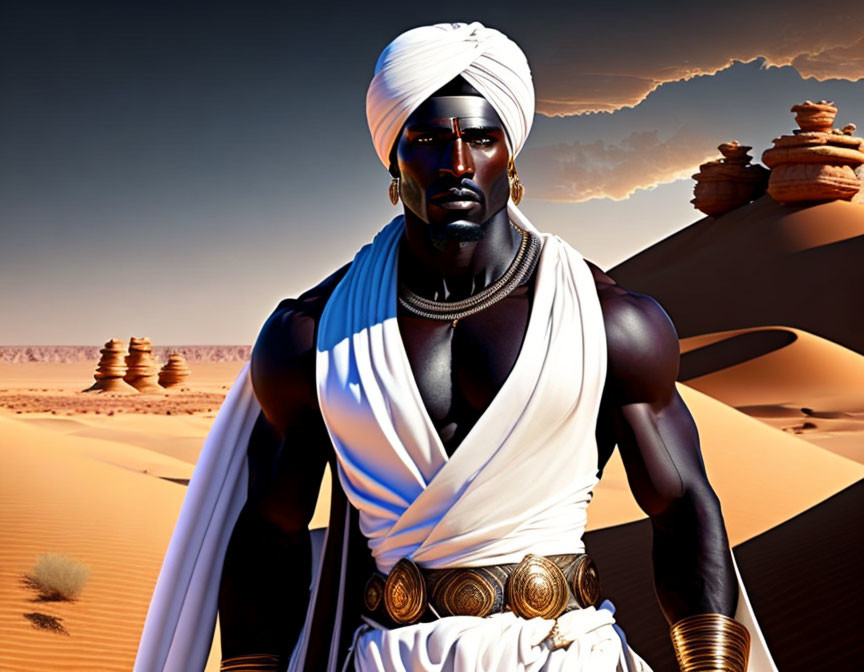 Man in White Turban and Robe with Golden Accessories in Desert Scene