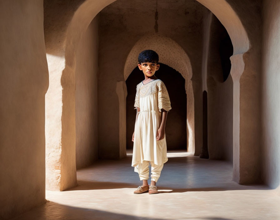 Child in traditional attire in sunlit arched passageway